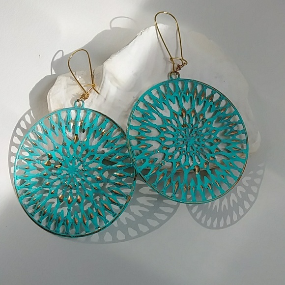Blue Gold Circle Yoga Medallion Boho Earring - Picture 5 of 8